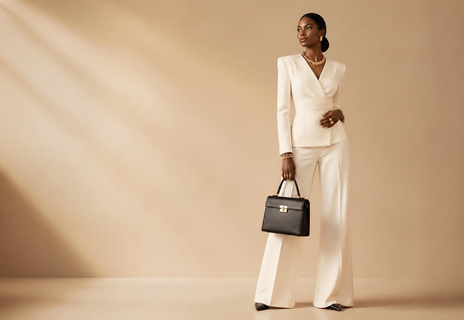 Model wearing TingzNG gold jewellery and holding a black leather handbag